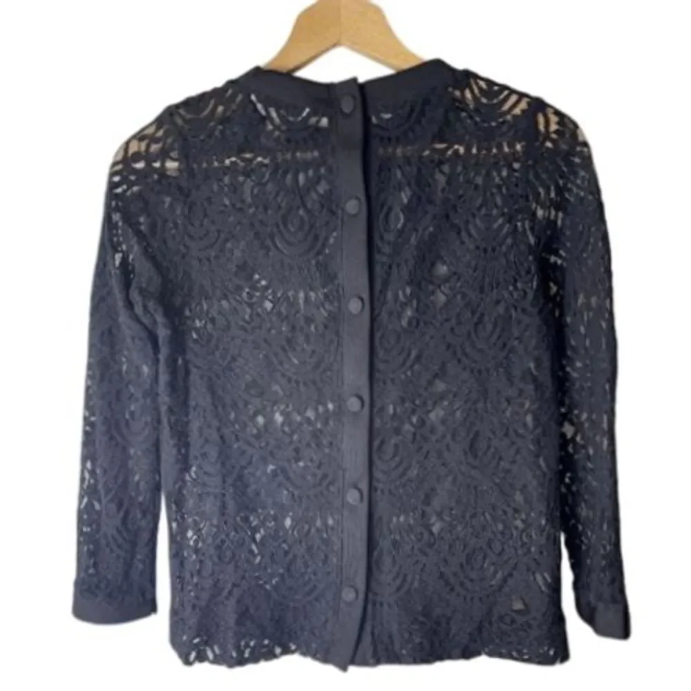 Banana Republic Sheer Black Lace Crewneck Top With‎ Back Buttons S